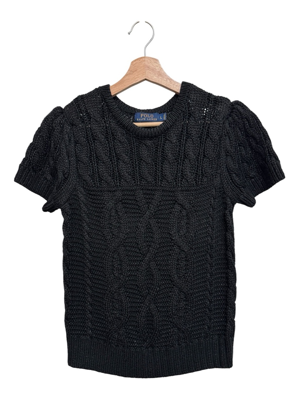 Polo Ralph Lauren Metallic Cable Knit Sweater Women Large Crew Neck Puff Sleeve